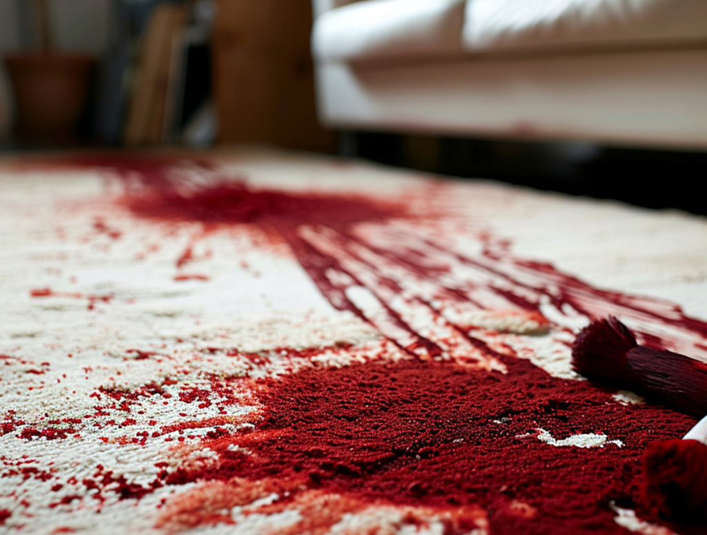red paint spilt on a white carpet in a living room